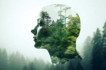 Creative double exposure portrait of attractive woman with forest environment and conservation concept generative AI