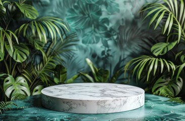 Fototapeta na wymiar Round Marble Table Surrounded by Tropical Leaves