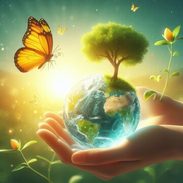 A powerful and symbolic image featuring a crystal glass globe cradled in a human hand, accompanied by a growing tree and a vibrant yellow butterfly against a green sunny background.
