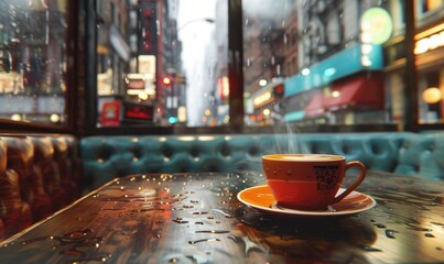 Cozy rainy day with coffee in city