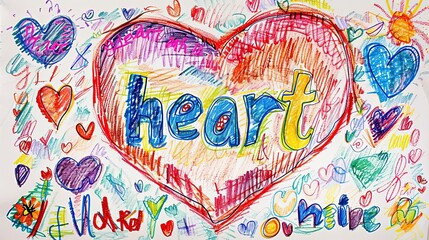A colorful child-like drawing featuring a large heart with the word "heart" written inside it surrounded by various smaller hearts and doodles