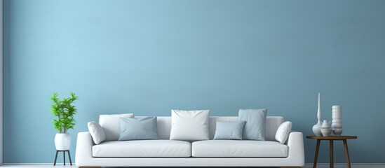Fototapeta na wymiar Modern living room with white couch and empty blue wall.