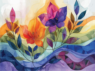 Vibrant flowers bloom elegantly against a colorful backdrop in a mesmerizing painting