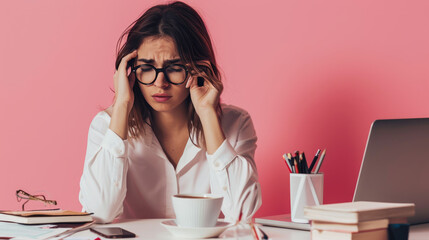 Young woman in an office environment showing signs of stress or a headache.