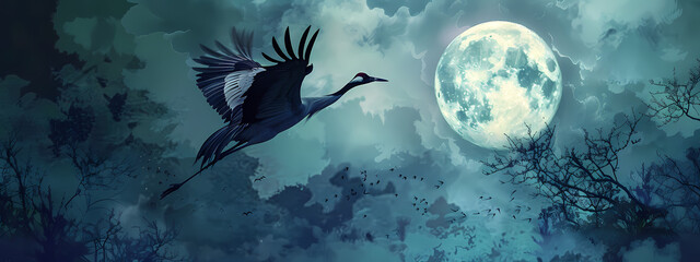 Fototapeta premium Twilight Flight: A Crane's Silhouette Against the Moon