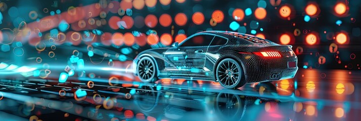Automotive website and engineering design concept - wireframe car and specs on laptop or tablet monitor  - obrazy, fototapety, plakaty