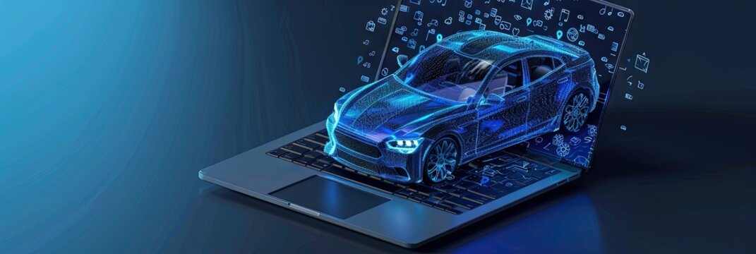 Automotive website and engineering design concept - wireframe car and specs on laptop or tablet monitor 