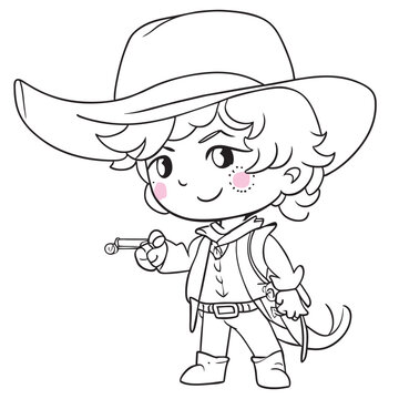 cute boy dressed as a cowboy with revolver, vector illustration line art