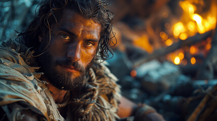 Obraz premium Portrait of a primitive man.(AI generated)