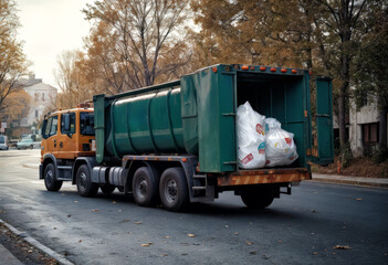 Trabajador en naranja carga basura en camión verde, calle arbolada.