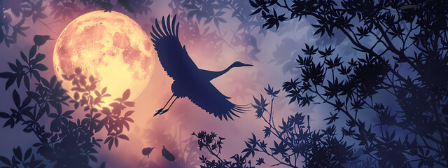 Fototapeta premium Twilight Flight: A Crane's Silhouette Against the Moon
