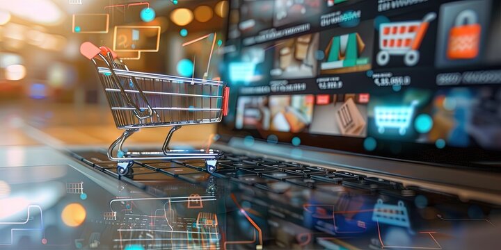 Ecommerce website and app concept - shopping carts and bags with checkout options for customers to make an online purchase during sales from a laptop computer monitor