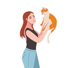 Young woman with cat vector illustration portrait. Playing with pets, spending time with cat concept