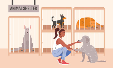 Girl petting dog. Domestic animals and owners. Friendship with animals. Pet adoption. Vector illustration
