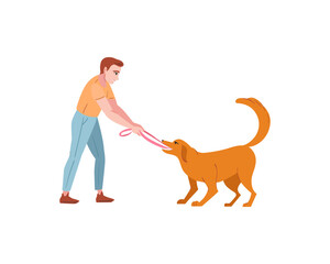 Man playing with dog. Happy pet owner. Person caring about companion doggy, pup, canine animal. Flat vector illustration isolated on white background