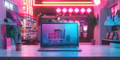 Obraz premium Ecommerce website and app concept - shopping carts and bags with checkout options for customers to make an online purchase during sales from a laptop computer monitor