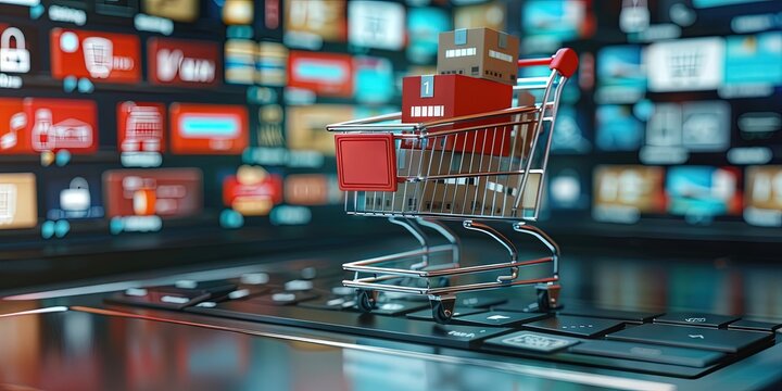 Ecommerce website and app concept - shopping carts and bags with checkout options for customers to make an online purchase during sales from a laptop computer monitor