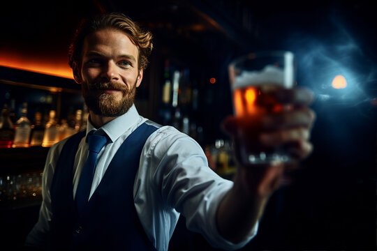 Bartender barman person shaking mixing alcohol drinks in dark bar pub Generative AI