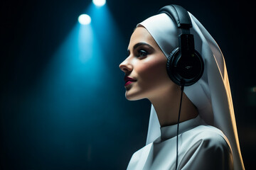 Generated with AI image of young catholic nun praying in church on dark background - obrazy, fototapety, plakaty
