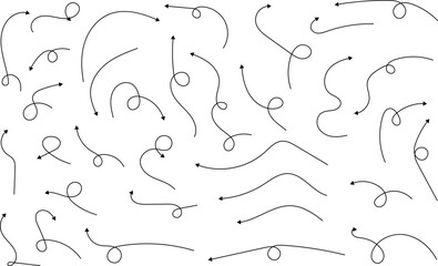 Hand drawn arrows. Hand drawn freehand different curved lines, swirls arrows. Curved arrow line. Doodle, sketch style. Isolated Vector illustration