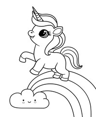 Cute baby unicorn jumping on a rainbow outline illustration for a kids coloring book. Unicorn coloring page vector illustration