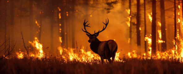 International Firefighters Day, silhouette of a deer against the background of a burning forest,...