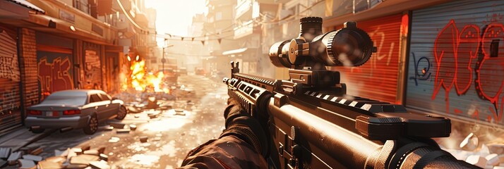 First person shooter (FPS) action video game screenshot - fictional war game with view from the player's perspective - obrazy, fototapety, plakaty