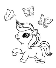 Hand drawn outline cute unicorn playing with butterflies. Unicorn coloring page vector illustration. Pretty unicorn doodle in kids style. - 755901094