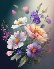 Piękne pastelowe polne  kwiaty na gradientowym tle. Generative AI