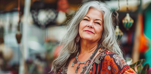 Woman in her early 50s with gray hair confident, farts joy to others, full body positive, positive emotions, homemade jewelry, neutral background.