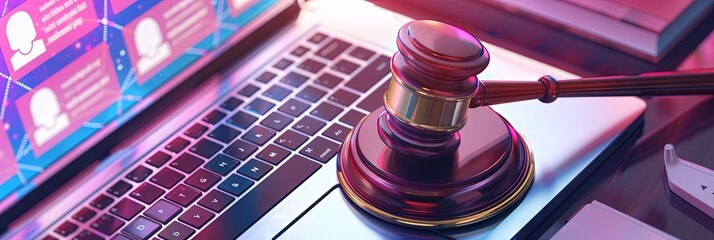 Legal and attorney website concept with gavel and a laptop computer - obrazy, fototapety, plakaty