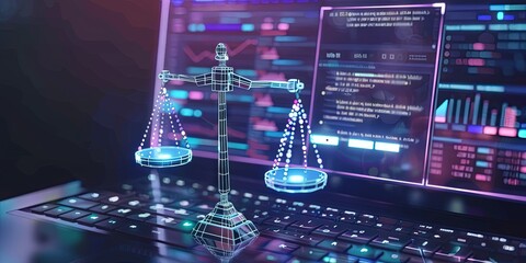 Legal and attorney website concept with scales of justice and a laptop computer - obrazy, fototapety, plakaty