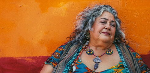 City bustling 60 year old woman with gray hair, positive thinking, supportive environment.