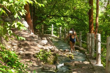 Naklejka na ściany i meble Woman walks along the river hiking on a path surrounded by water and nature landscape in Mexico vacations