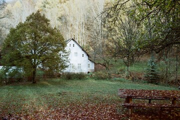 Vaclav Havel cottage in Hradecek in Czechia on 17. November 2023 on colour film photo -  blurriness and noise of scanned 35mm film were intentionally left in image