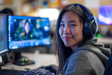 Woman sitting in front of two computer monitors with headphones and working