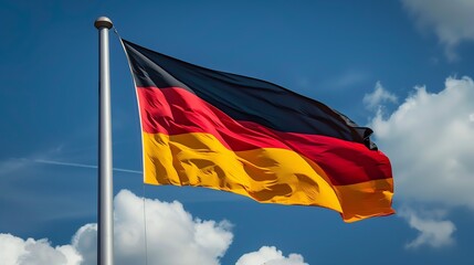 Germany flag waving in the wind on blue sky with clouds background