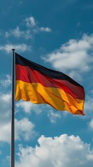 Germany flag waving in the wind on blue sky with clouds background