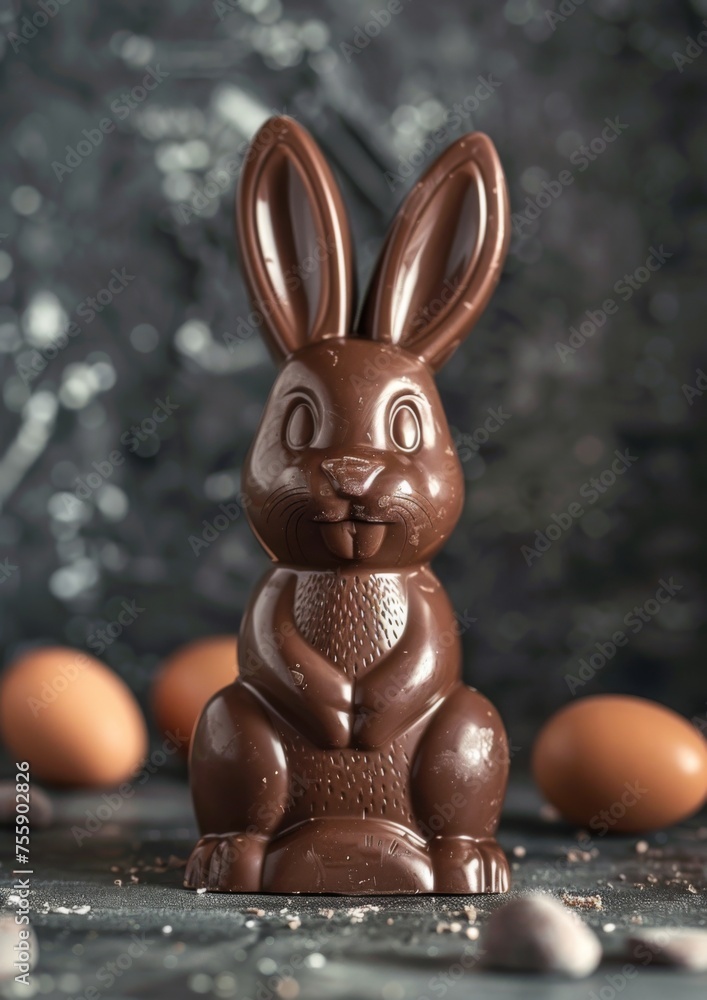 Wall mural chocolate easter bunny with easter egg decoration, isolated on dark background. luxury chocolate, ea