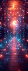 Futuristic Neural Network Corridor with Bright Lights, To convey a sense of advanced technology and innovation through a futuristic and striking