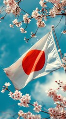Japan flag waving in the wind with japanese cherry blossom flowers