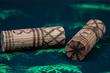 Musical traditional ethnical and tribal rhythmic idiophones made of wood with some grains or send...