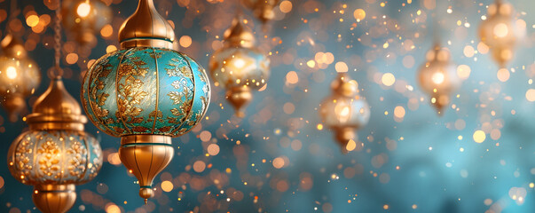 Vibrant Gold and Blue Lanterns on Blue Background, To provide a visually stunning and festive image...