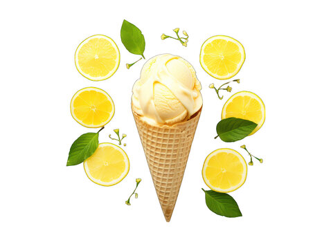 lemon ice cream in a cown isolated on transparent background, transparency image, removed background