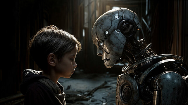 A sad young boy and a robot are facing each other. 