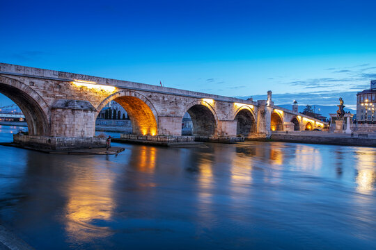 View on Stone bridge from Oko bridge in Skopje in the evening