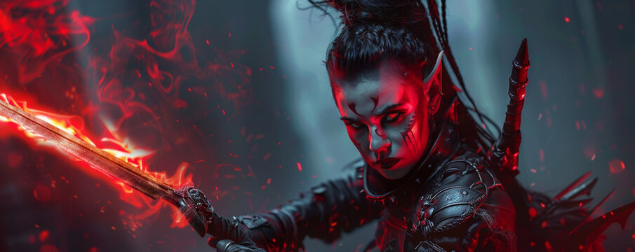 Half body shot of a female Thiefling with a dark fantasy vibe featuring black and red tribal hair devil tail in leather armor and brandishing a flaming sword