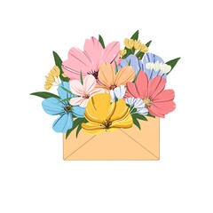 A bouquet of flowers in a postal envelope. Hand drawn greeting card.