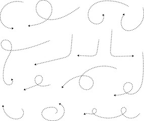 Hand drawn dotted arrows. Hand drawn freehand different curved lines, swirls arrows. Curved arrow line. Doodle, sketch style. Isolated Vector illustration.