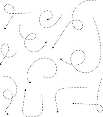 Hand drawn dotted arrows. Hand drawn freehand different curved lines, swirls arrows. Curved arrow line. Doodle, sketch style. Isolated Vector illustration.